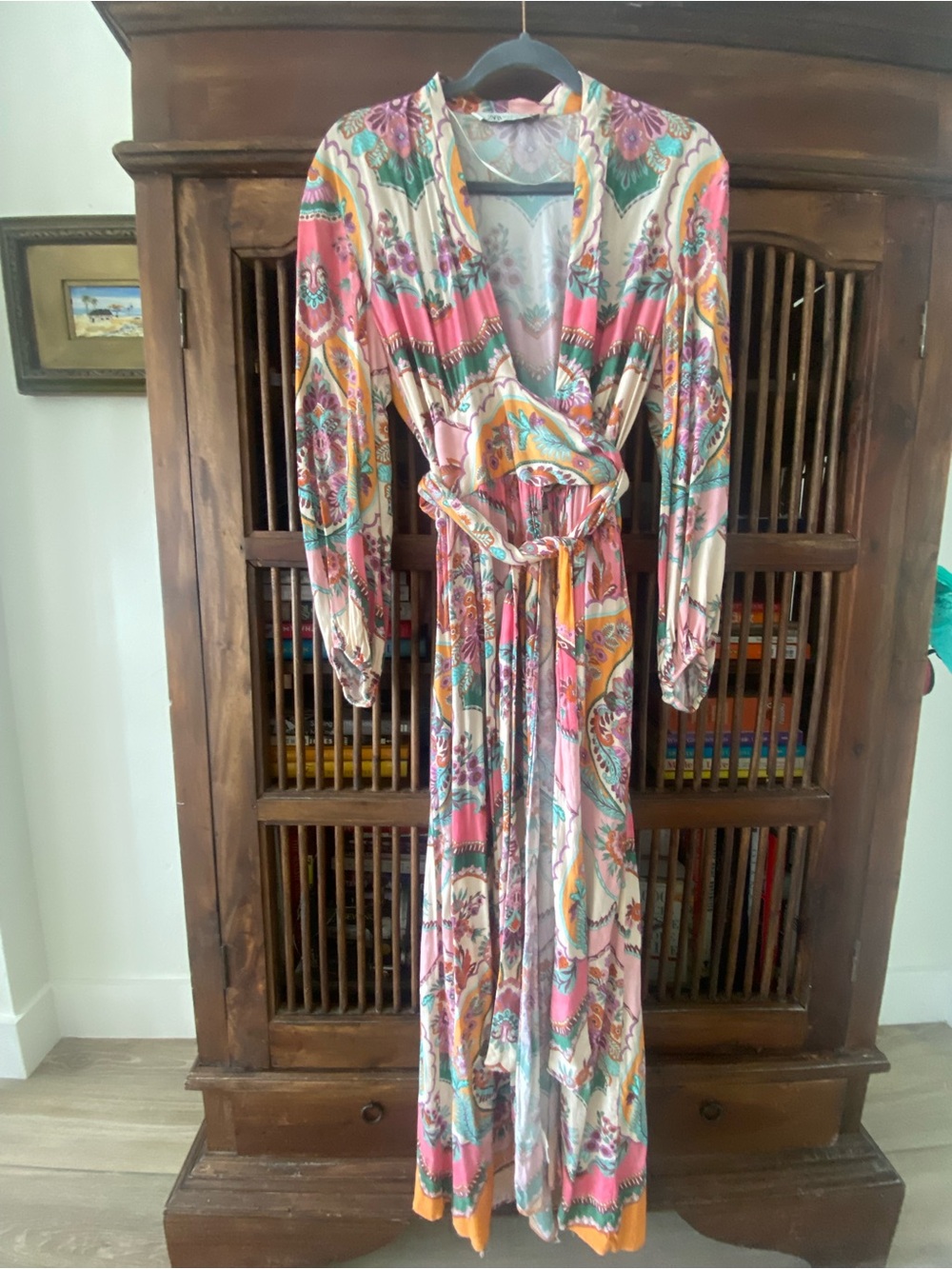 Stunning Zara Floral Pink Multi-Color Long Wrap Dress Size M